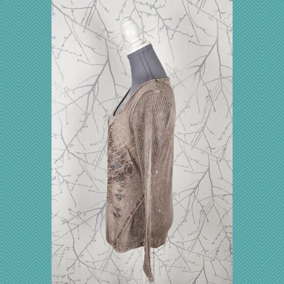 Daytrip Beige Tan Artsy Textured Waffle Knit Scoop Neck Top Y2K - Picture 2 of 4